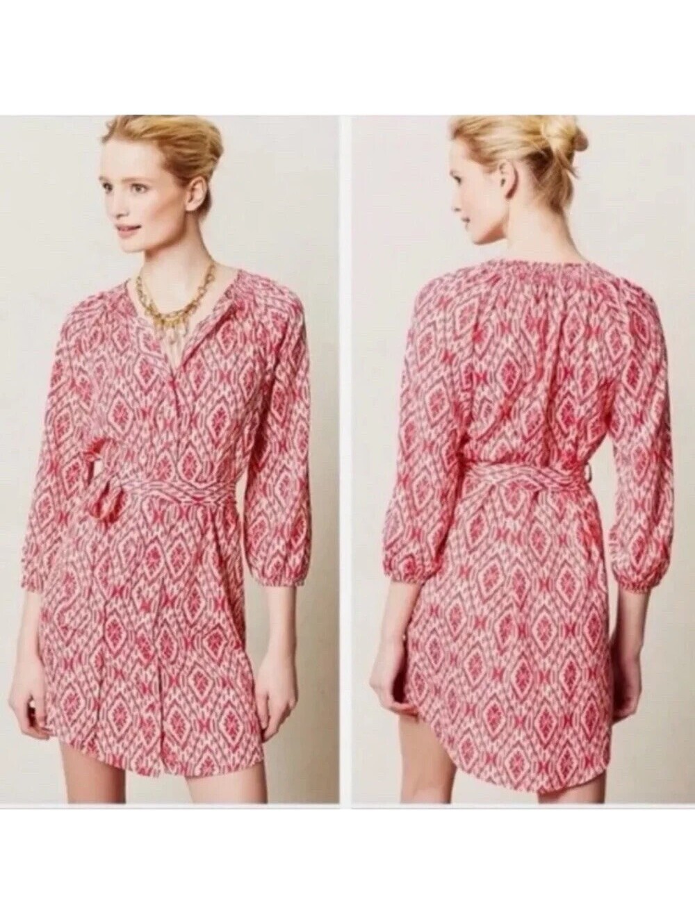 Anthropologie Maeve EUC Women's Pink White Ikat Mini V-Neck Belt Dress Size S